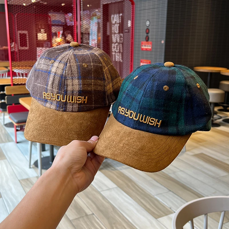 Hat Autumn and Winter Woolen Plaid Colorblock Peaked Cap Baseball Caps for Men and Women Color  Hip Hop Hat Curved Brim Soft Cap