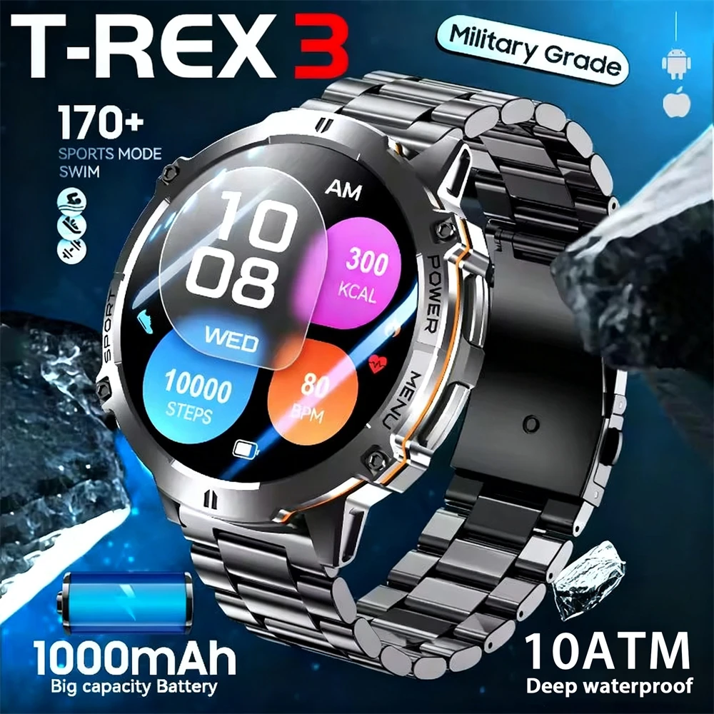 2025年新型ミリタリーt-rex3スポーツスマートウォッチ、1000mahバッテリー、gpsトラッカー、10atm防水、コンパス、高度計、メンズフィットネススマートウォッチ