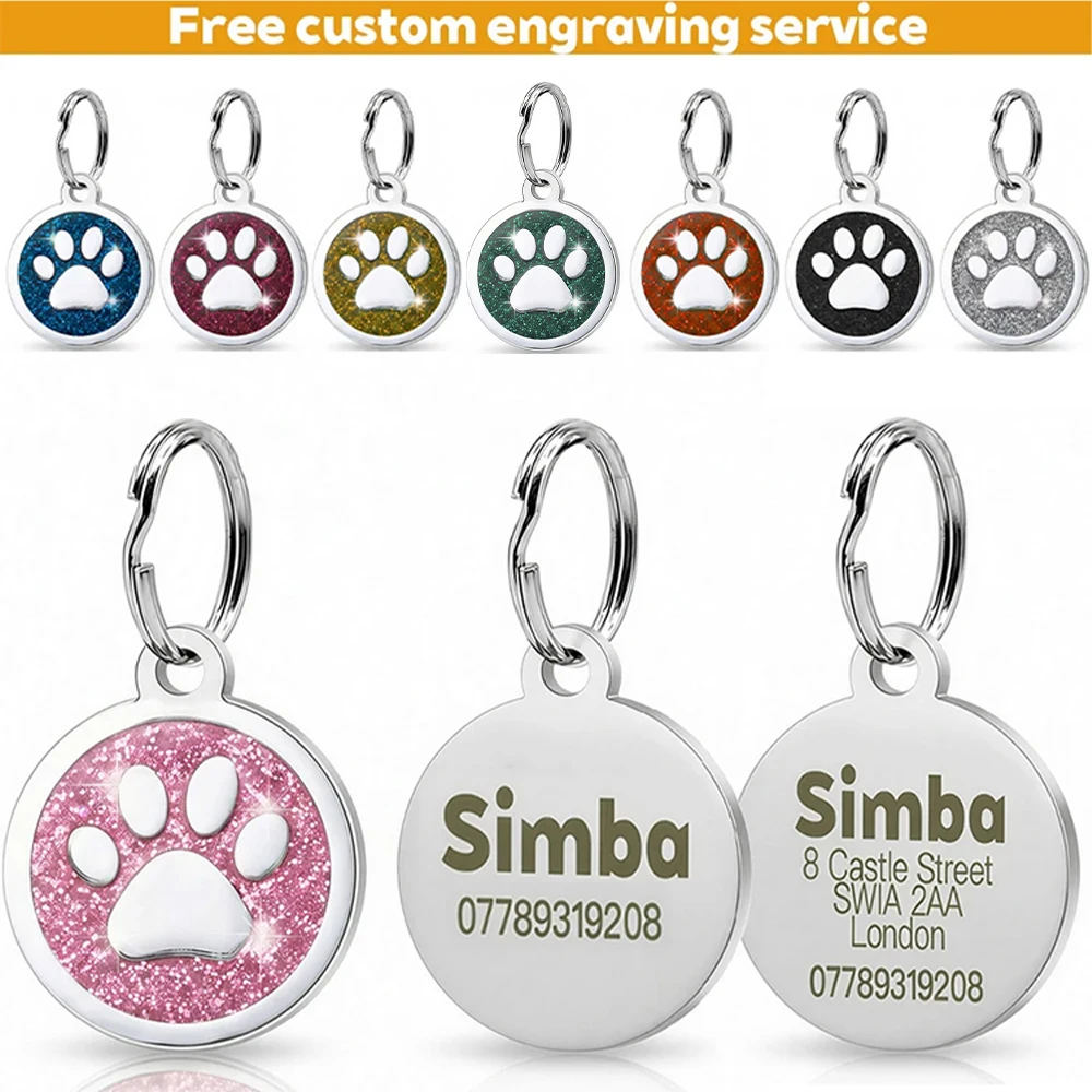 Free Personalized Dog Cat Plate Tags Engraved Puppy Pet ID Name Collar Tag Alloy Paw Glitter Pendant Pets Dogs Accessories
