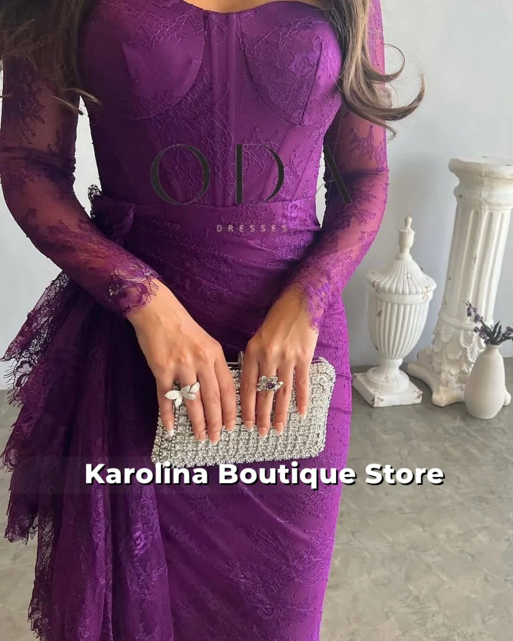 Women Elegant Solid Bodycon Maxi Evening Dress Purple Lace Long Sleeve Lady O-neck Evening Party Vestidos Robe Customized