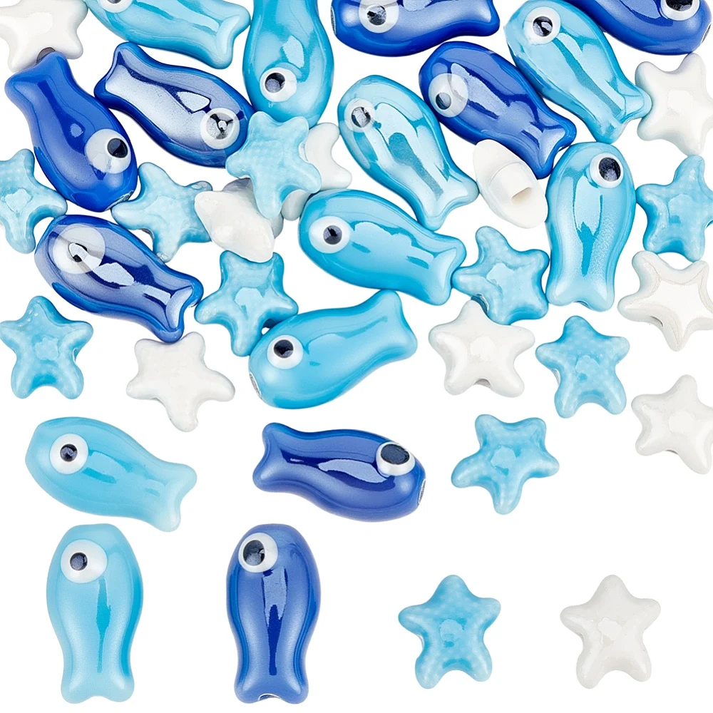1 Box 40Pcs Fish Beads Porcelain Ceramic Beads Blue White Ocean Sea Summer Hawaii Fishes Starfish Loose Spacers for Jewelry