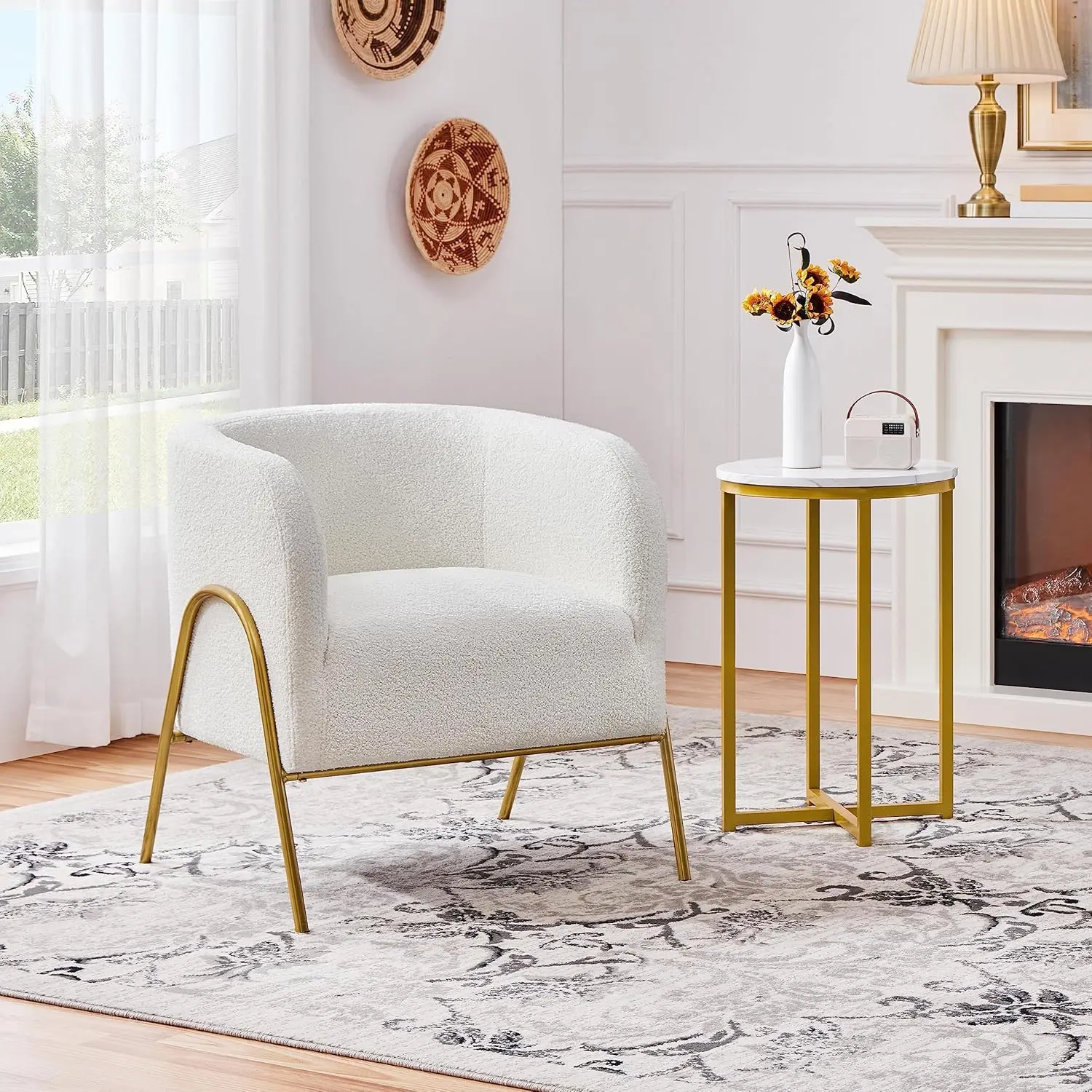 Ivory Boucle Fabric Accent Chair with Golden Legs for Living, Makeup, Bedroom or Reading Room - Cozy and Modern