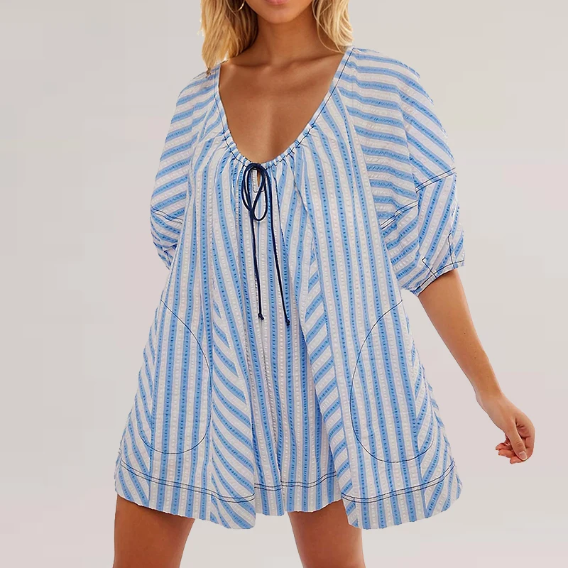 

Ladies Sexy V Neck Lace Up Beach Playsuit Fashion Puff Sleeve Pocket Romper New 2024 Summer Striped Print Loose Shorts Jumpsuit