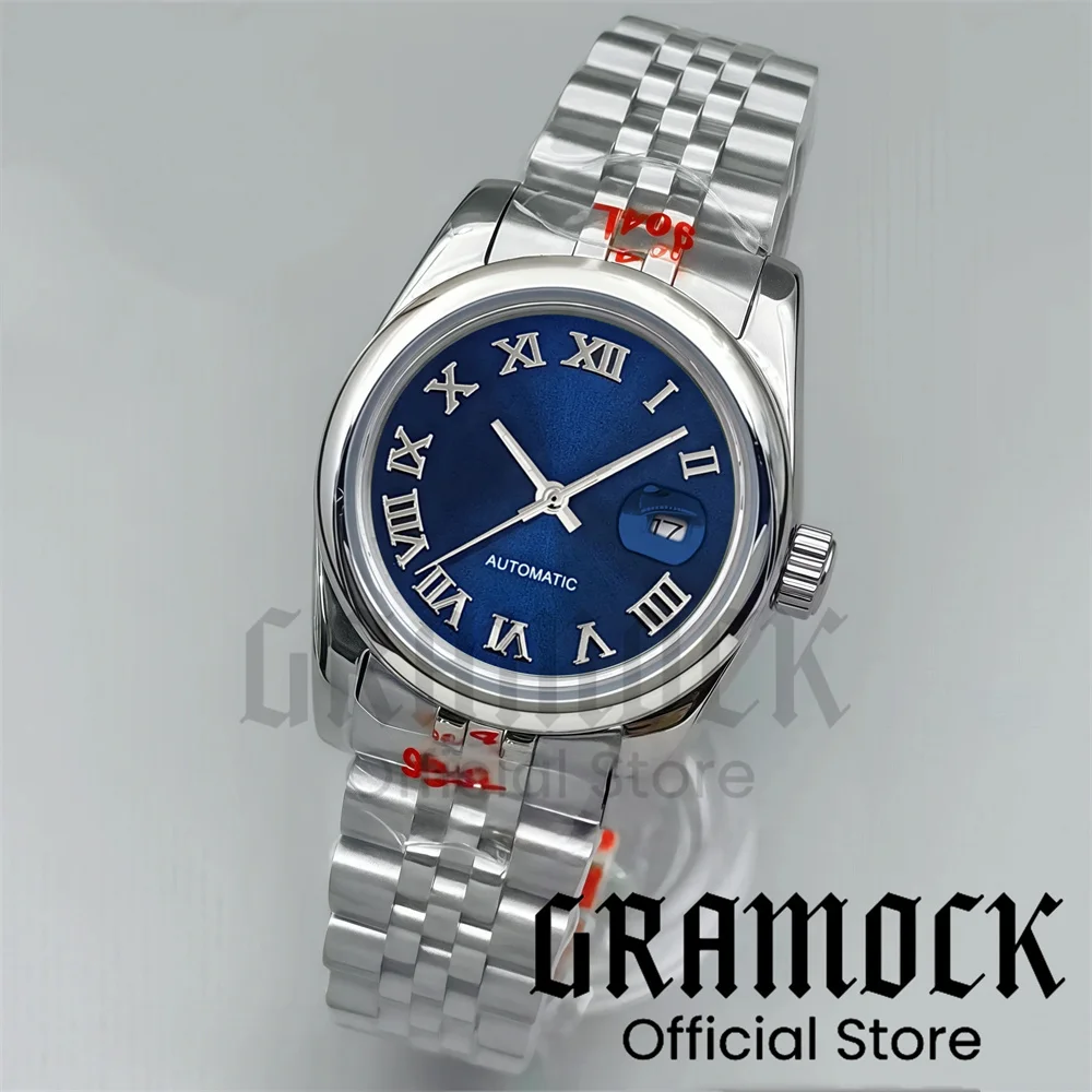 Gramock 31mm سيدة NH05 ساعة اليد الميكانيكية ماتي ساعة سوداء الهاتفي الرومانية الفضة/الذهب علامة مستديرة Beze lSteel الساعات للنساء