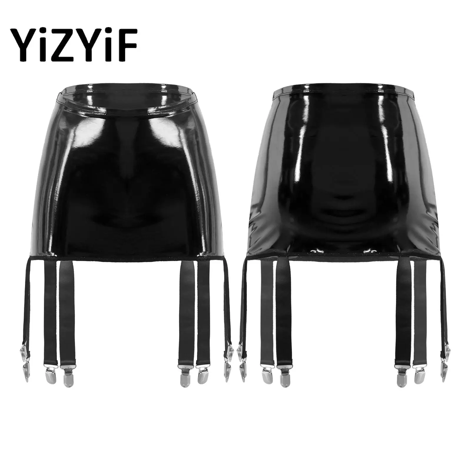 

Women Girls High Waist Pole Dance Costume Clubwear Nightclub Rave Party PVC Latex Suspenders Mini Pencil Skirt with Metal Clip