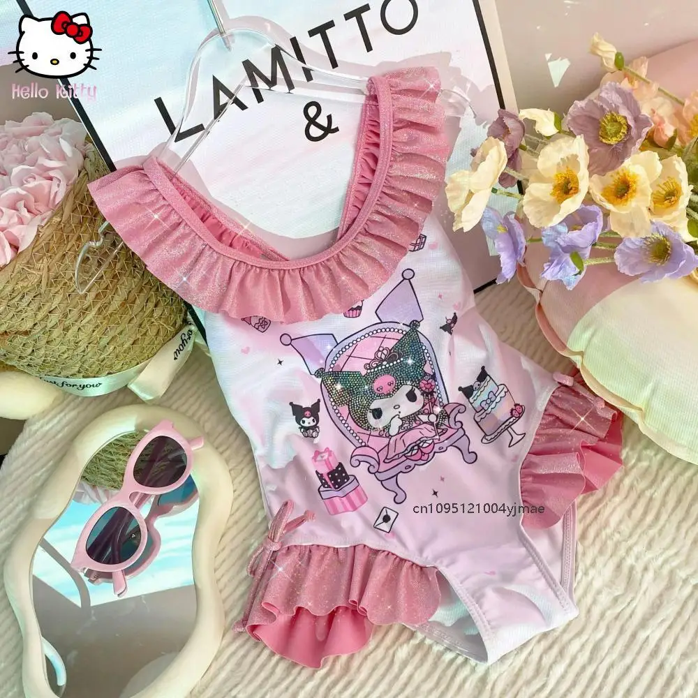 

Anime Sanrio New Kuromi Children Piece Swimsuit Kawaii Ruffle Edge Swimwear Fashion Cartoon Girl Hot Spring Swimming Beachwear