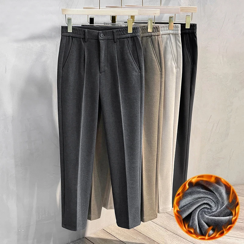 

High Quality Winter Fleece Warm Suit Pants Men Business Elastic Waist Thick Classic Office Formal Straight Formal Trousers Male