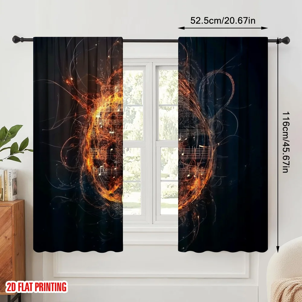 2pcs,2D plane printing Print Curtains Fiery Clef Harmony Versatile 100% Polyester (without rod) Gifts for Bedroom, Office,