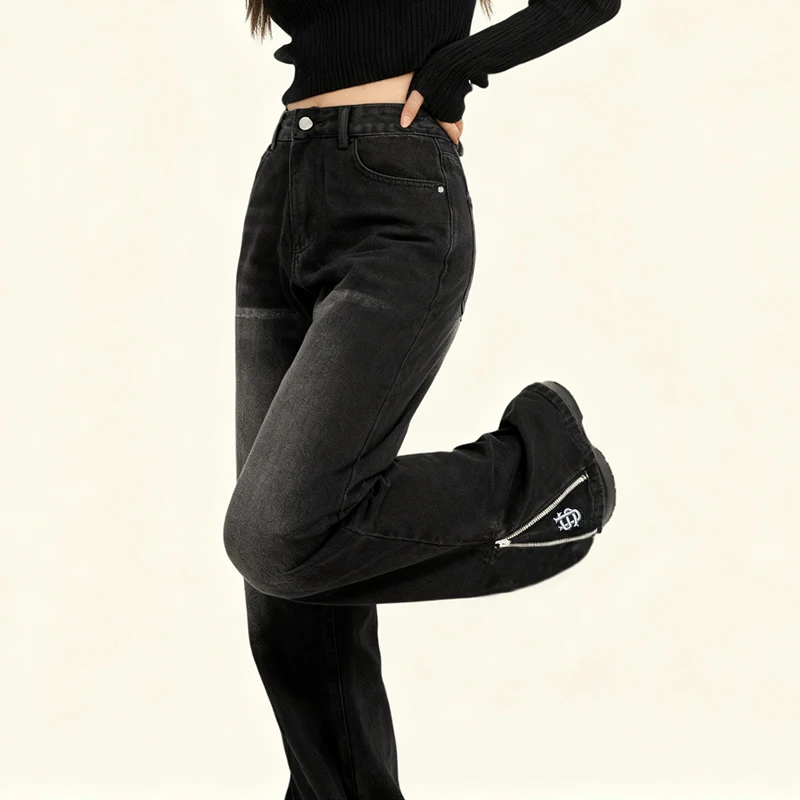 Vintage gewassen denim broek herfst rechte pijpen casual straat rits borduurpatroon voor dames