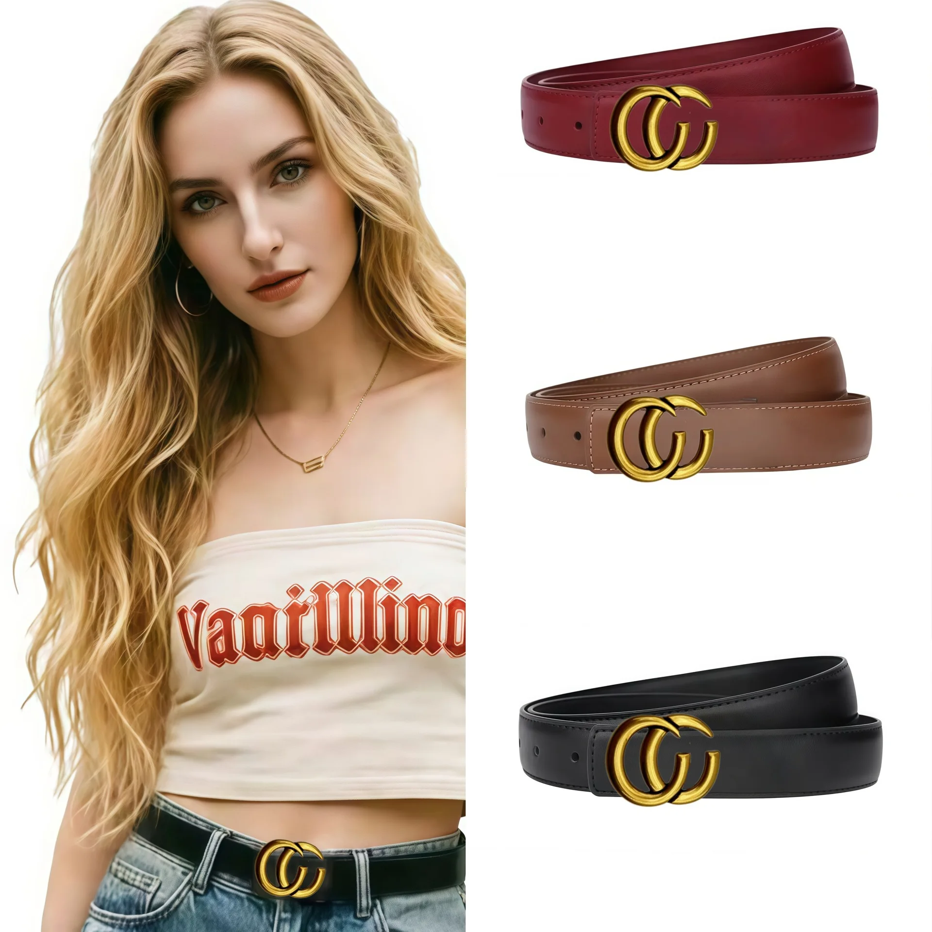 Trendy Women Slim Waist Belt Retro Gold Interlocked Curved Hardware Buckle Waistband Multi‑color For Pants Jeans Dress Daily