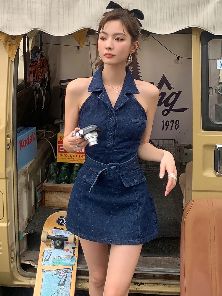 Vintage Sexy Denim Dress Women Korean Summer Polo Sleeveless Mini Dresses With Belt Jeans Vestidos