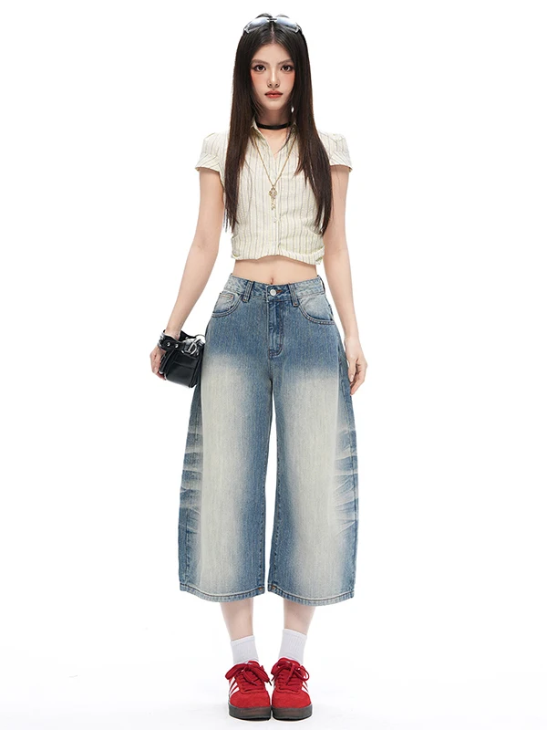 Calças Jeans Unissex Mgjm Heavy Industry com Design de Gato, Lavadas, de Sete Oitavos, Estilo Verão, Modelo Bend Knife Bamboo...