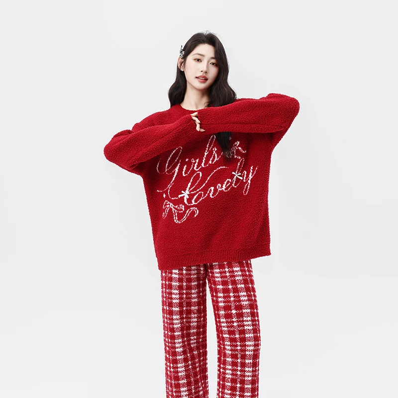 

Women's Autumn and Winter Thick Christmas Plaid Pants Pajamas Two Piece Casual Clothes