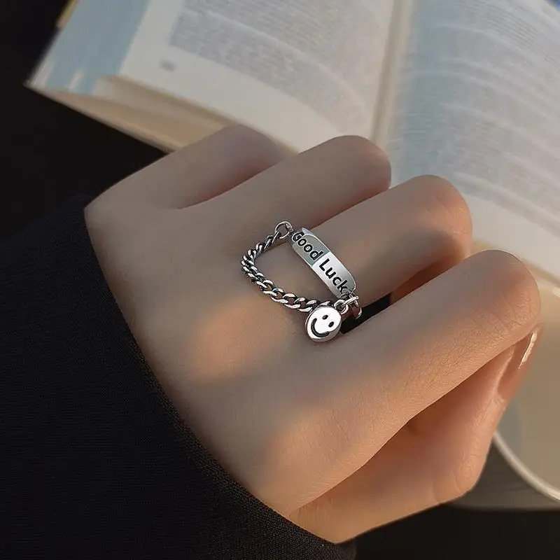 Retro Letter Good Luck Smile Face Chain Cross Hiphop Open Adjustable Free Ring Jewelry Men Women Anillos Anel Accessories Gift