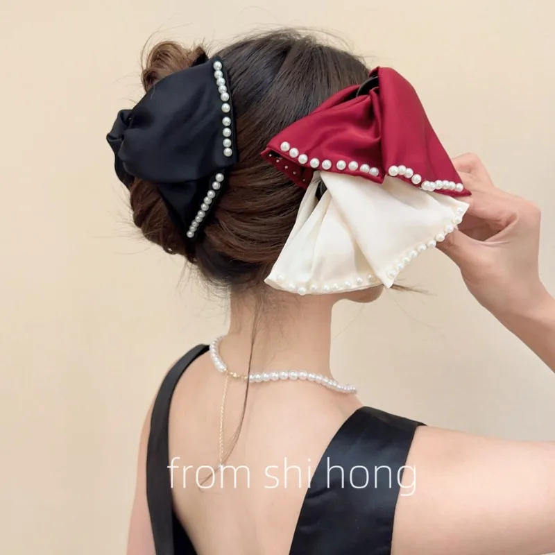 French Pearl Crab Hair Pins Satin Bow Grab Clip Retro Shark Claw Accessories Hairpin Jaw Clamps Woman Trendy Nonslip Barrette