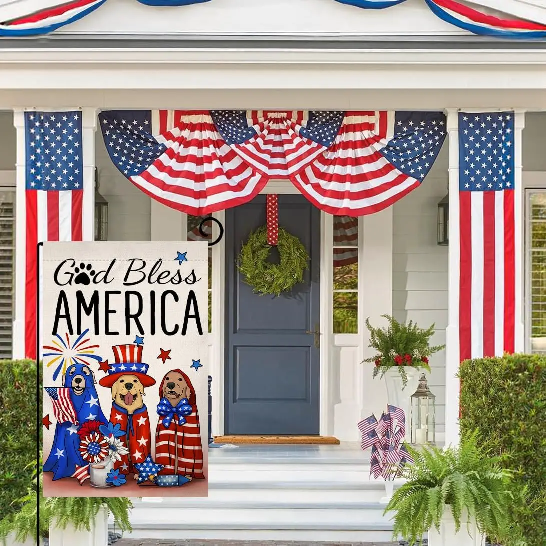 BLKWHT 4th of July Dogs Garden Flag 12x18 Vertical Double Sided God Bless America Red Blue Floral Memorial Day Independence  EEZ