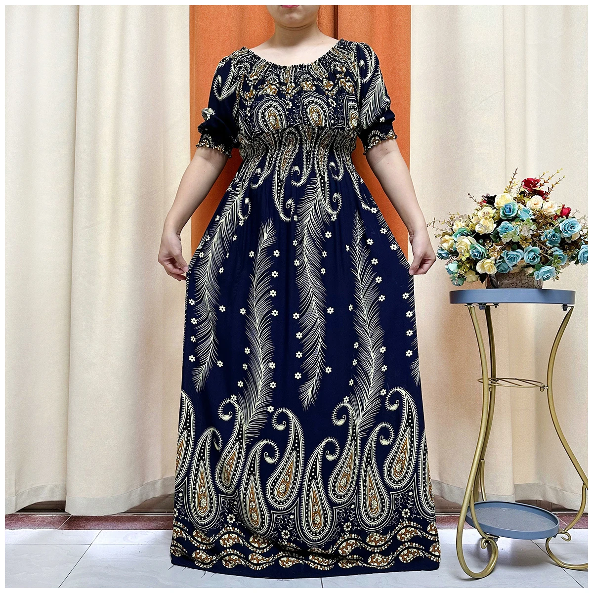 2024  New Women Summer Short Sleeve Abaya Positioning Printed Collect Waist Loose Floral Boubou Maxi Islam Women African Clothes