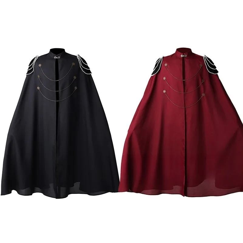 Medieval Renaissance Cape Men Vintage Stand Collar Cloak Cosplay Party Stage Performance Costume Black Wine Red