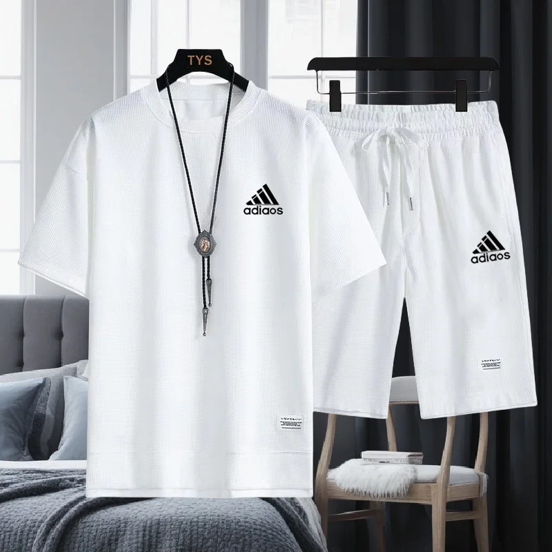 Summer men's fashionable casual short-sleeved T-shirt + sports shorts set, fitness breathable jogging suit two-piece set