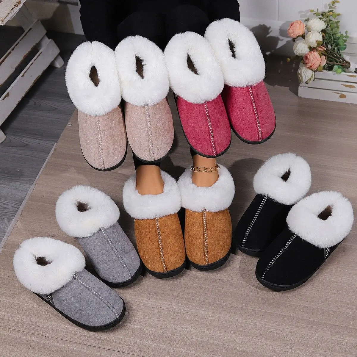 

Women's winter indoor fluffy slippers with thick soles, fleece lining, and thick cotton lining for warmth.