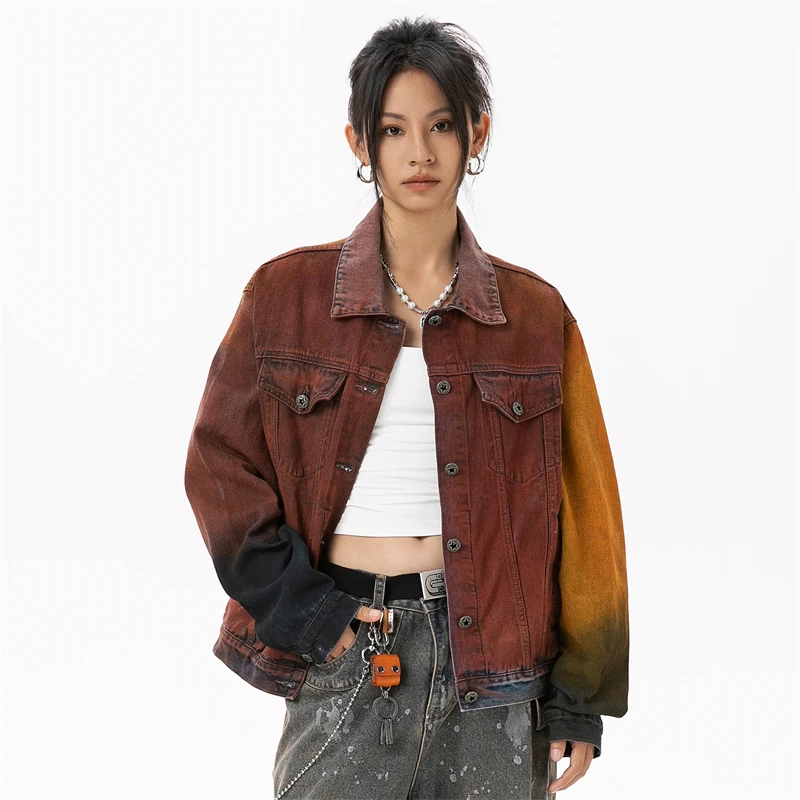 Womens Denim Jacket Orange Long Sleeve Coats 2024 Women\'s Jeans Jacket New in Outerwears Vintage Lady Outdoor Clothing Novelties