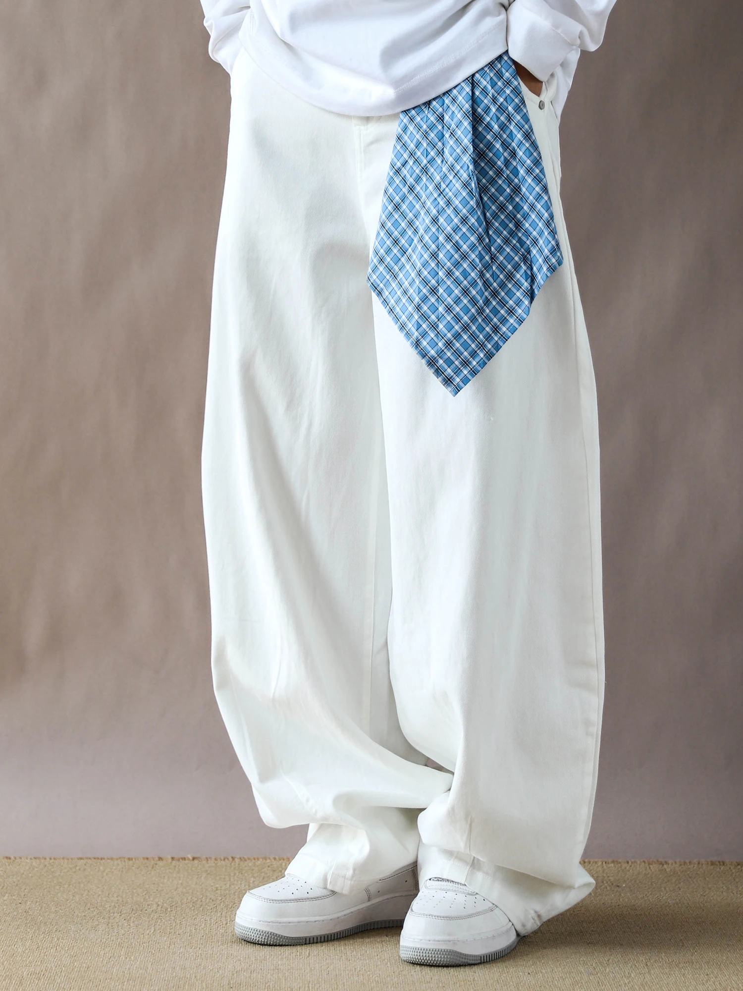 

American Retro Heavyweight Casual Pants Men's Spring Autumn Loose Wide Leg Pure Cotton White Casual Trousers for Men