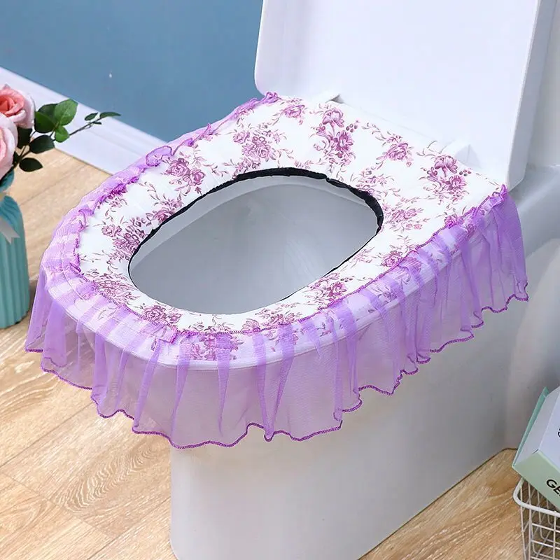 Toilet Seat Cover Lace Design Floral Spring Autumn Bathroom Washable Three-piece Korean Style Household Merchandises Accessories