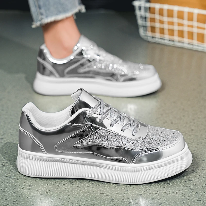 Gouden Luxe Designer Schoenen Voor Mannen Mode Casual Glanzend Heren Skateboard Sneakers Platform Glitter Stijlvolle Dames Sportschoenen