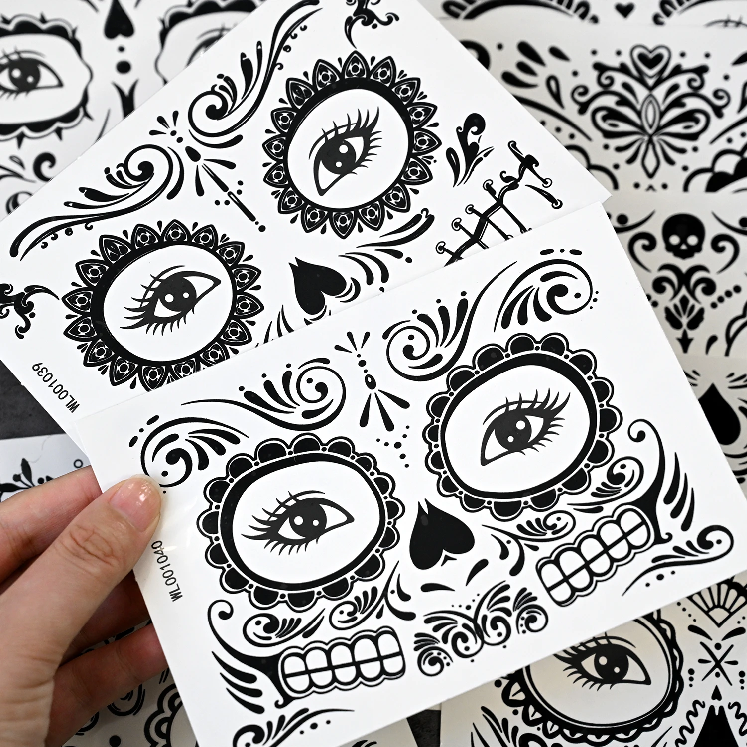 12pcs Halloween Day Of The Dead Face Temporary Tattoos Stickers Skull Heart Facial Tattoo Stickers Long Lasting Halloween Decor