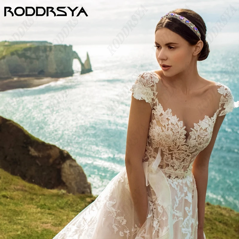 RODDRSYA-vestidos De novia De tul para mujer, Vestido De novia romántico, elegante, con manga De casquillo, con escote Corazón, minimalista vestidos De novia De tul para mujer, Vestido De novia romántico, elegante, con