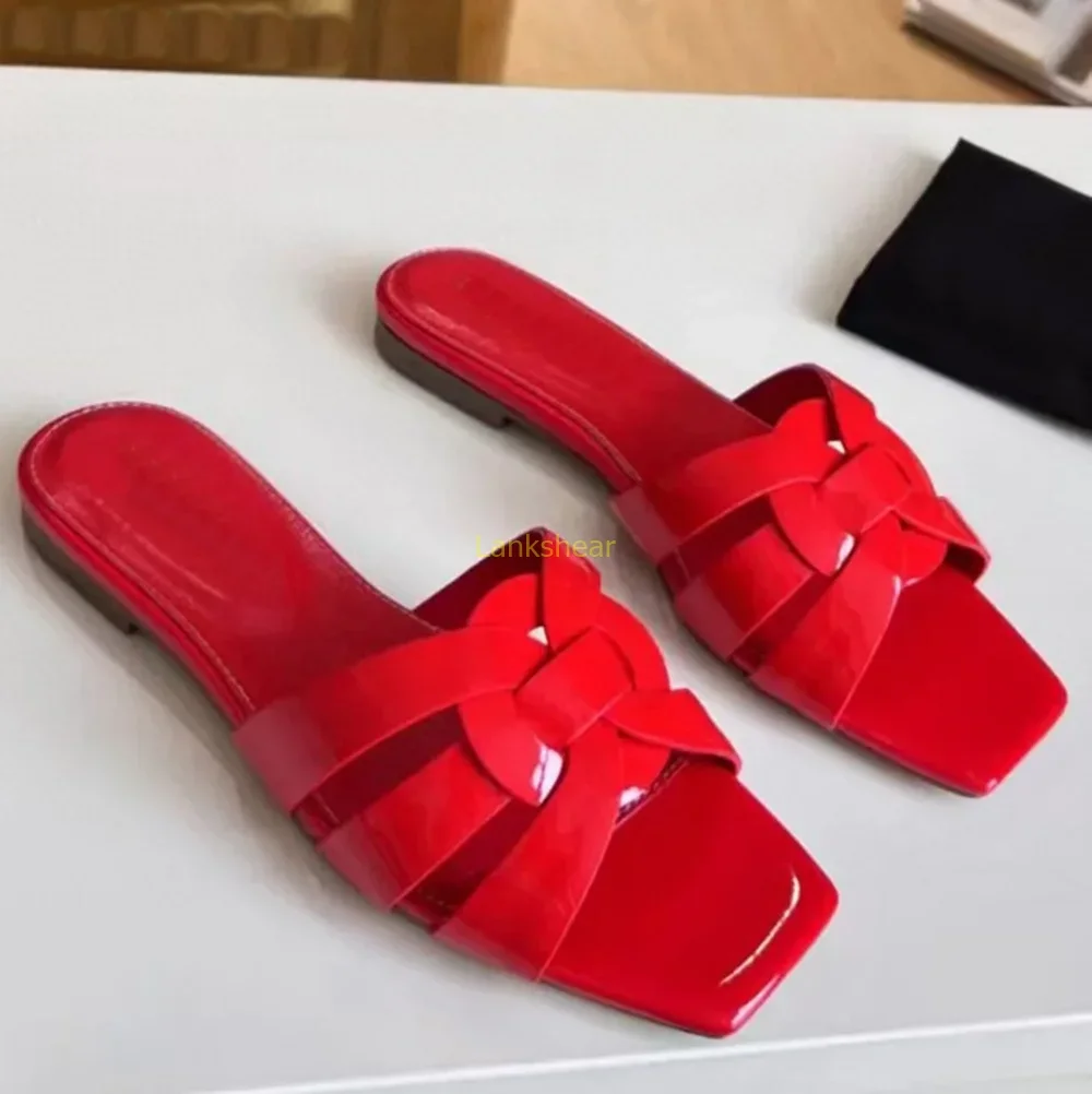 

Patent Leather Weaving Falts Slippers Sexy Square Toe Slip On Solid New Arrivasl Fashion Women Summer Casual Shoes