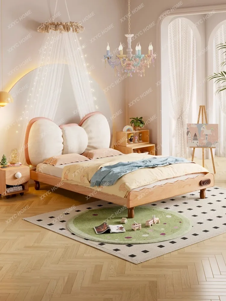 Bowknot Children's Bed Girl Princess Bed Bedroom Simple Modern Children's Room Solid Wood Cream Style Girl Single Bed