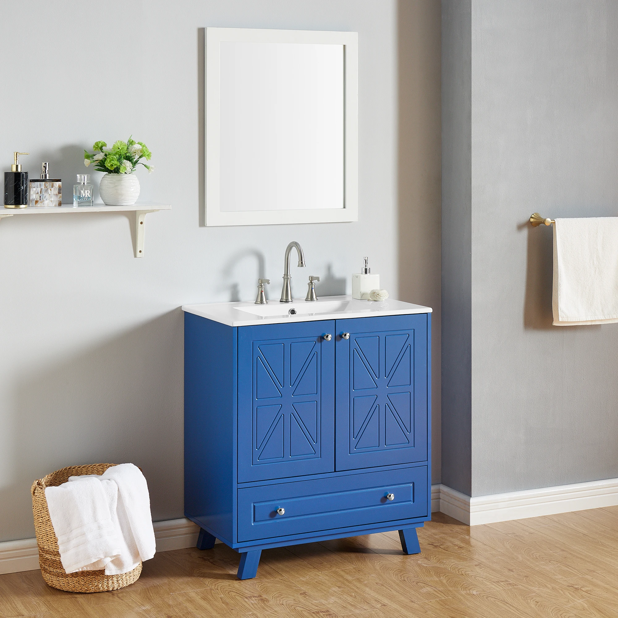 Spacious Bathroom Vanity with 4 Drawers, Buffered Doors, Durable MDF, Solid Wood Feet – Easy Assembly, Modern Design