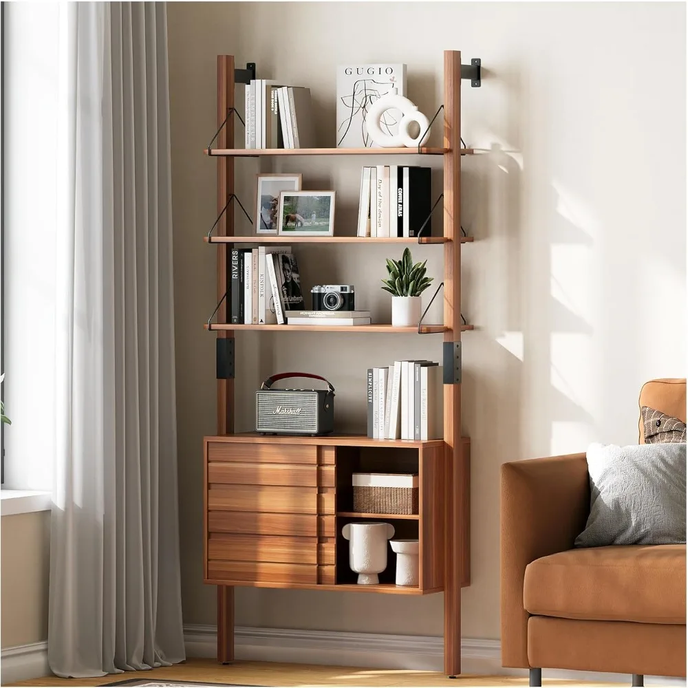 

Ladder Bookshelf with Storage Cabinet,Mid Century Modern Wall Mounted Bookcase with Wood and Metal Frame