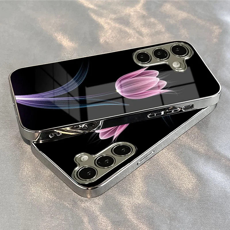 Funda de Teléfono de Vidrio Plateado con Patrón 2D de Tulipán Rosa para Galaxy S26 S25 FE S24 Plus S23 Ultra S22 삼성 휴대폰 케이스