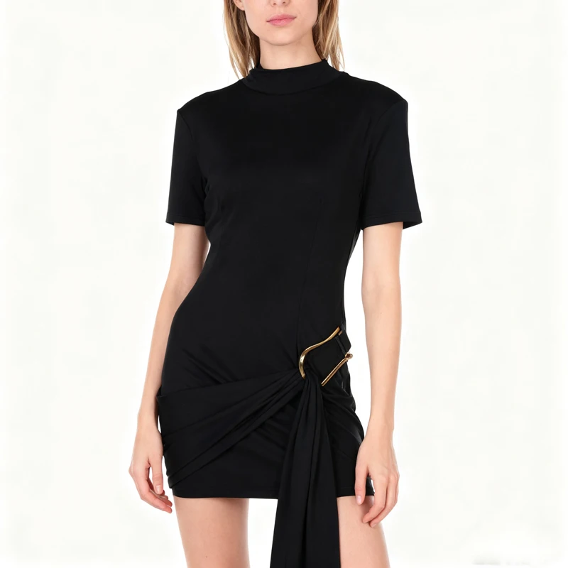 Sukienka mini w stylu Y2K z metalową klamrą, dopasowana, codzienna, z okrągłym dekoltem, krótkim rękawem, elegancka, w jednolitym kolorze, podkreślająca figurę, rozmiar 15