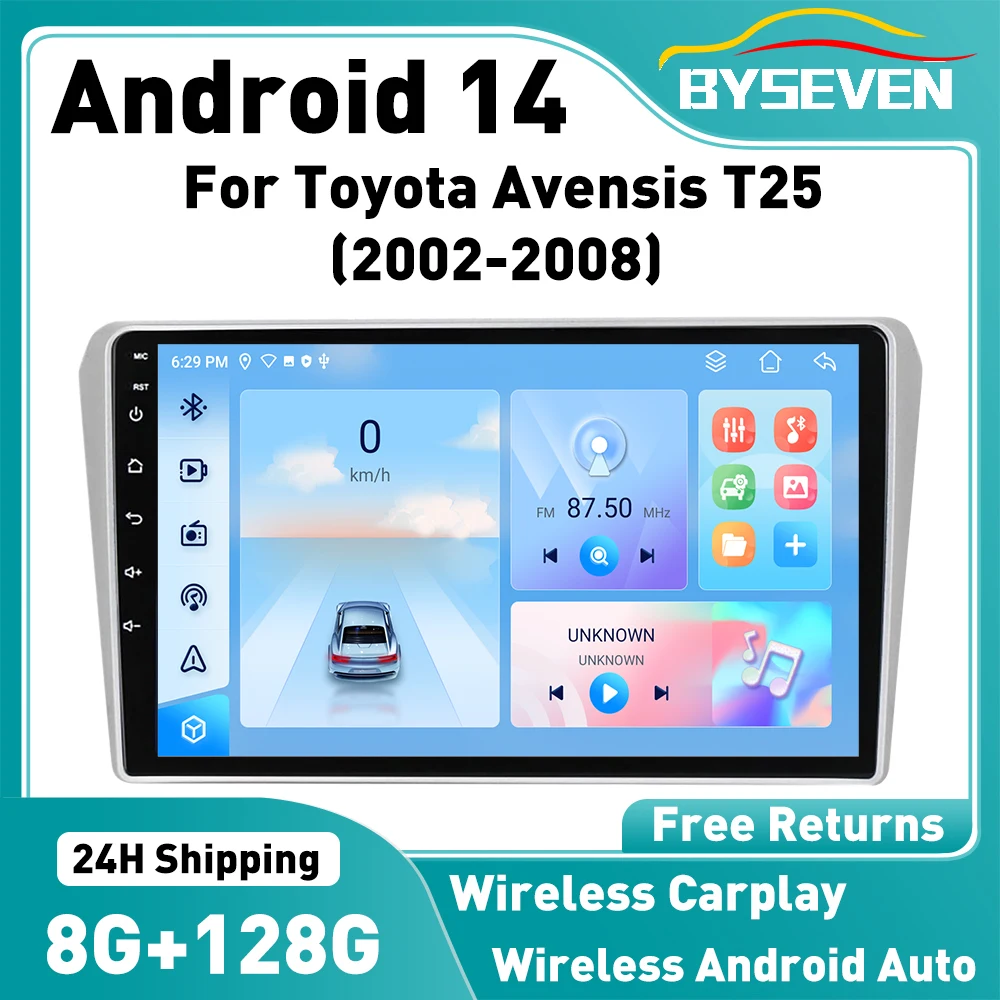 Byseven Android 14 Wireless Carplay For Toyota Avensis T25 2002-2008 Car Radio GPS Car Multimedia Video Player