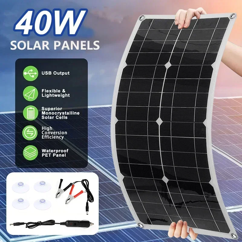 

40W DC12-18V Solar Monocrystalline Solar Panel Waterproof Suitable For Outdoor Camping 5V Dual USB Ports Flexible Solar Panel