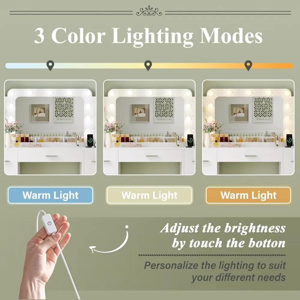 مكتب مكياج مع مرآة وأضواء كبيرة، مع شريط طاقة وحامل مجفف شعر، 6 أرفف مفتوحة و7 أدراج #4