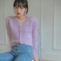 Ladies Sweaters Kawaii Cardigan Blue V-neck Purple Cute Mesh Knitted Top for Women Y2k Vintage Crochet Cold Winter Trend 2024