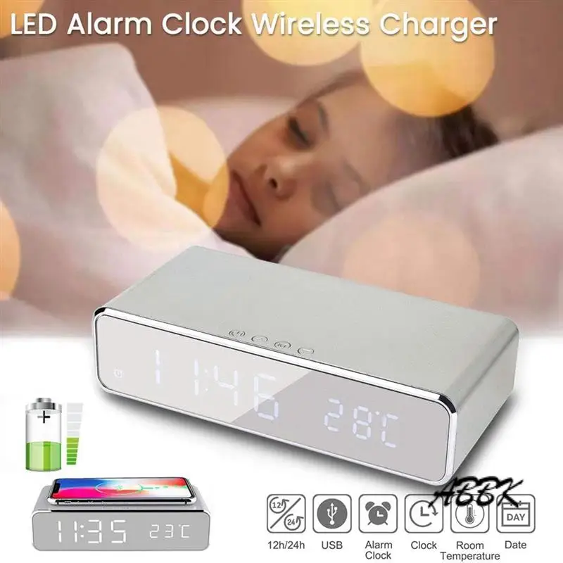 ABBK-นาฬิกาปลุกดิจิตอลพร้อมการชาร์จไร้สาย การแสดงอุณหภูมิ - เหมาะสําหรับผู้นอนหลับหนัก