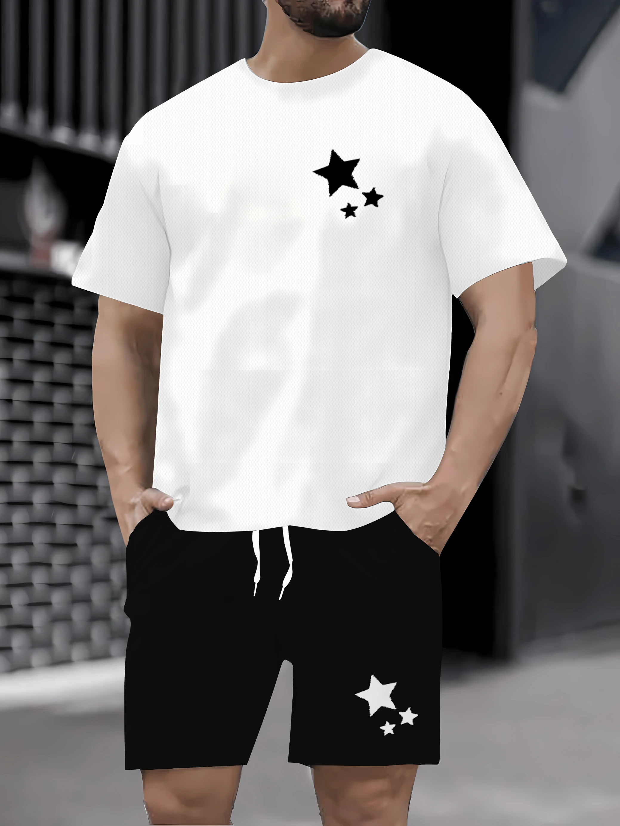 

Verão Simples Carta Imprimir Tripulação dos homens Pescoço Top de Manga Curta E Shorts Harajuku Street Moda Terno dos homens Tod