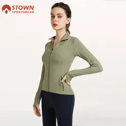 Yoga Top with Thumb Hole Long Sleeve Gym Top Quick-drying Fitness Suit Running Jacket Zipper Front Sports Blouse Women Jogging