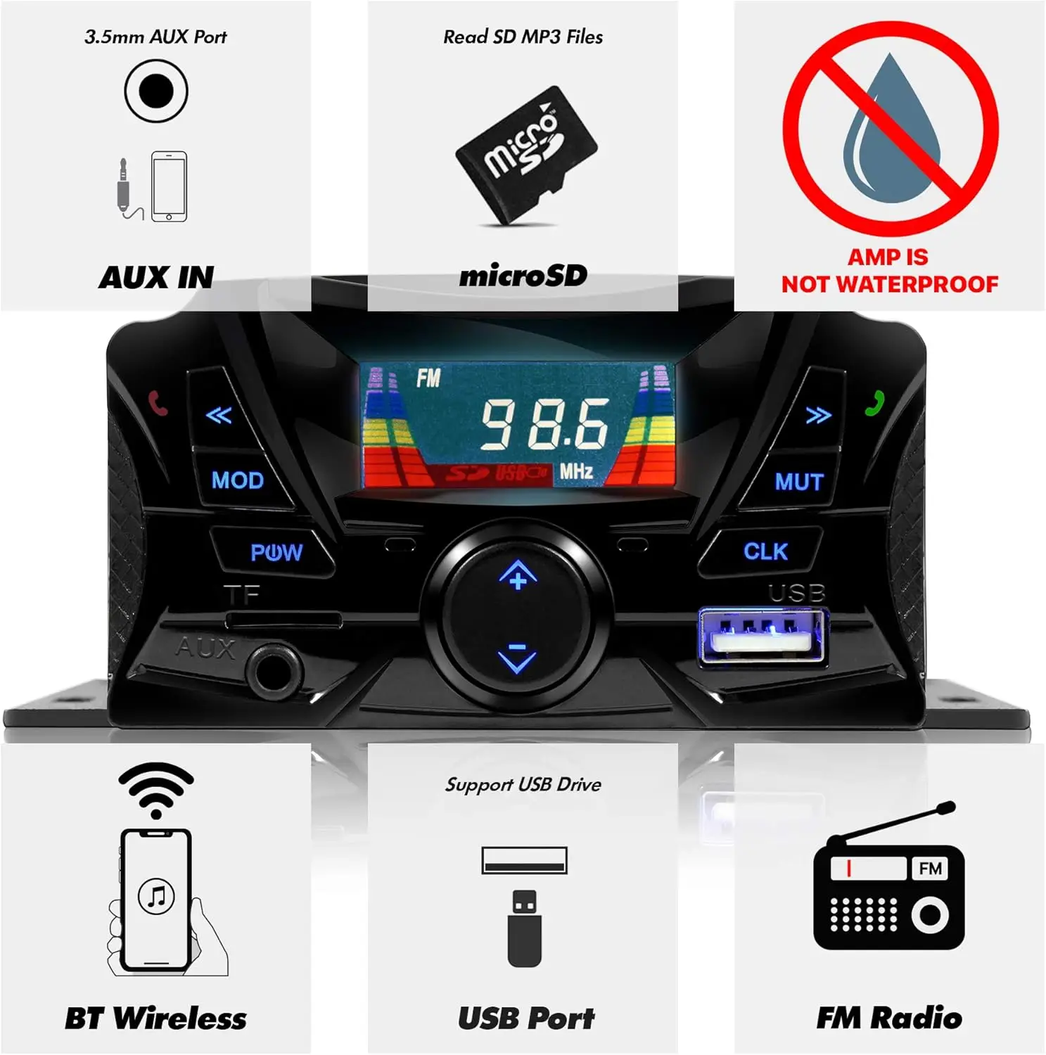 Altavoces de motocicleta Sistema de audio impermeable Bluetooth con radio FM, AUX, USB, Micro SD, control de volumen