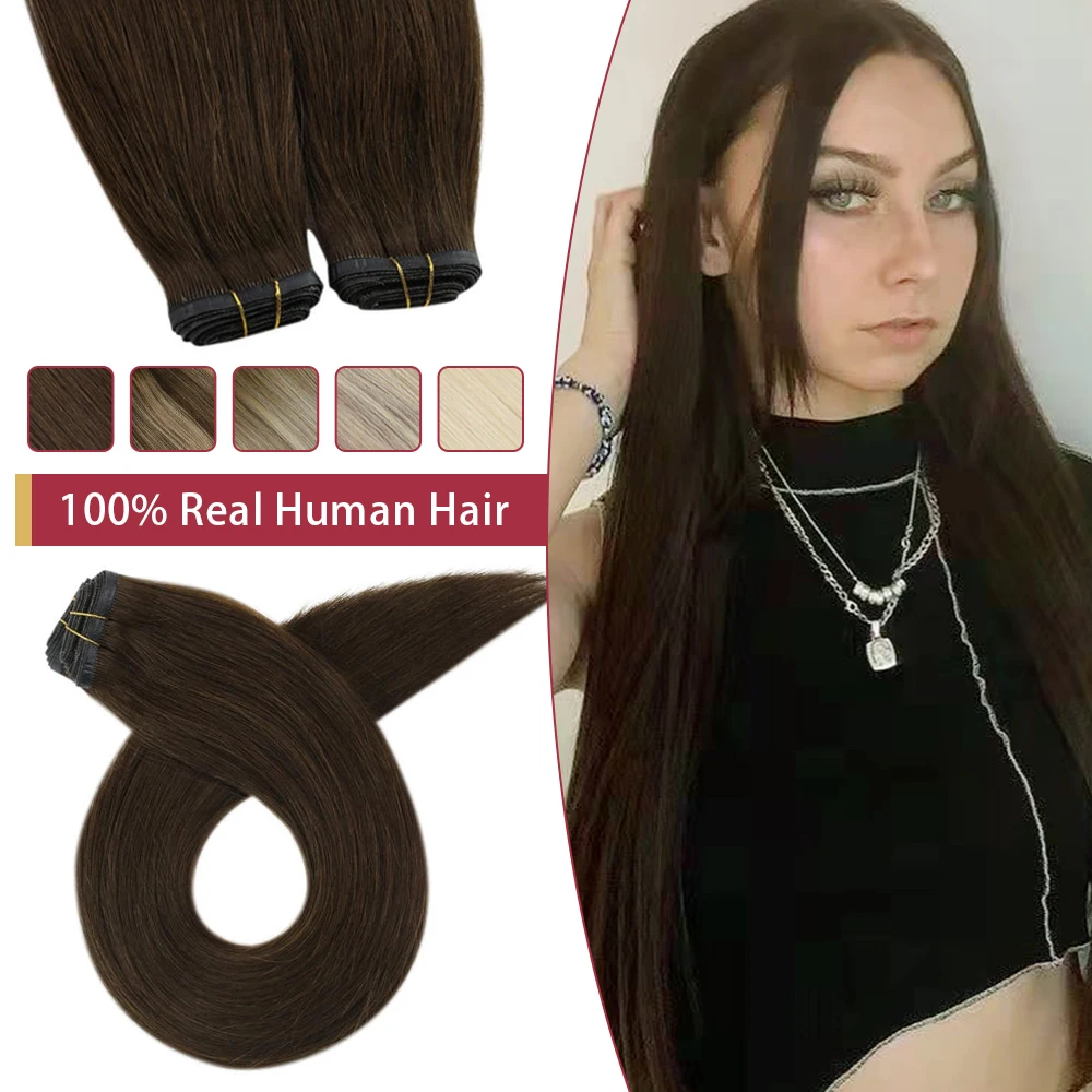 

Moresoo Sew In Virgin Pu Weft Human Hair Bundles Real Hair Extension Chocolate Brown 100% Real Human Hair Flat Silk Weft 50G/PCS