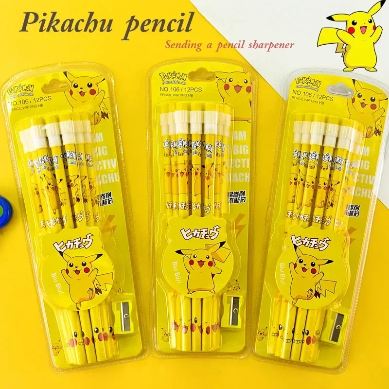 12pcs Pokemon Pikachu อะนิเมะรูปการ์ตูนดินสอ Pokemon เด็กดินสอ Kawaii เครื่องเขียนนักเรียนเด็กวันเกิด Xmas ของขวัญ