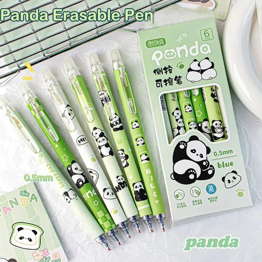 6 Pcs/Box Cute Panda Erasable Pen Cartoon Pattern Thermal Eraser Pen Writing Blue Ink 0.5mm Office Supply