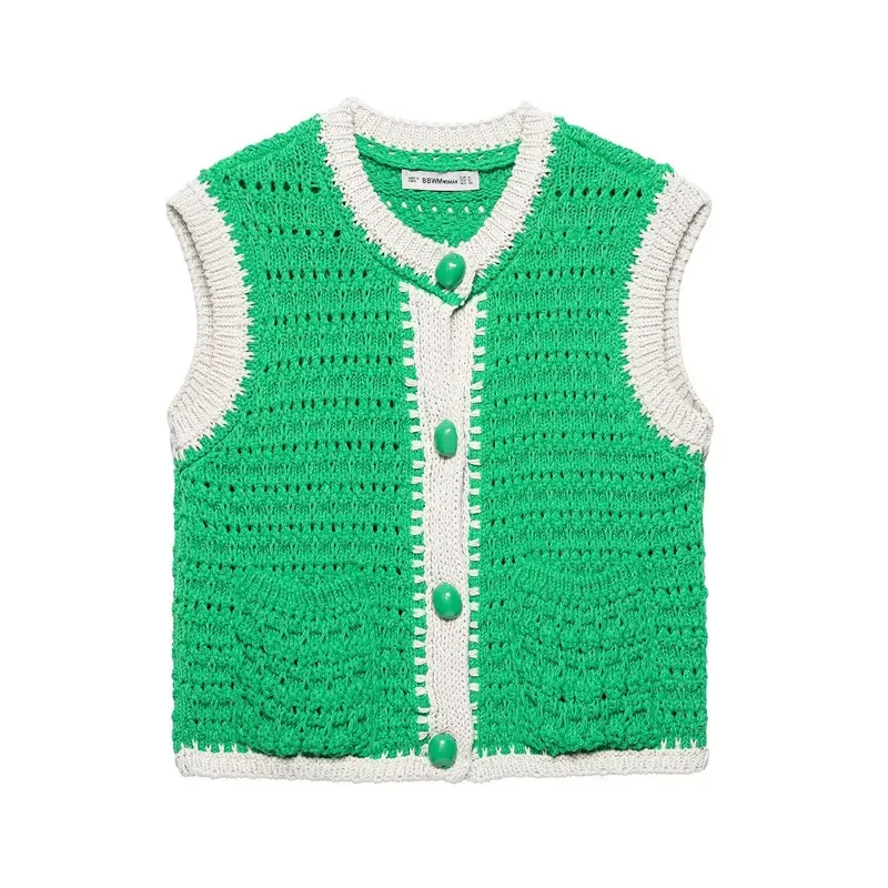 

Women's Casual Solid Color Commuter Vest Top Single-Breasted Short Sleeveless Knitted Sweater round Neck for Daily Use