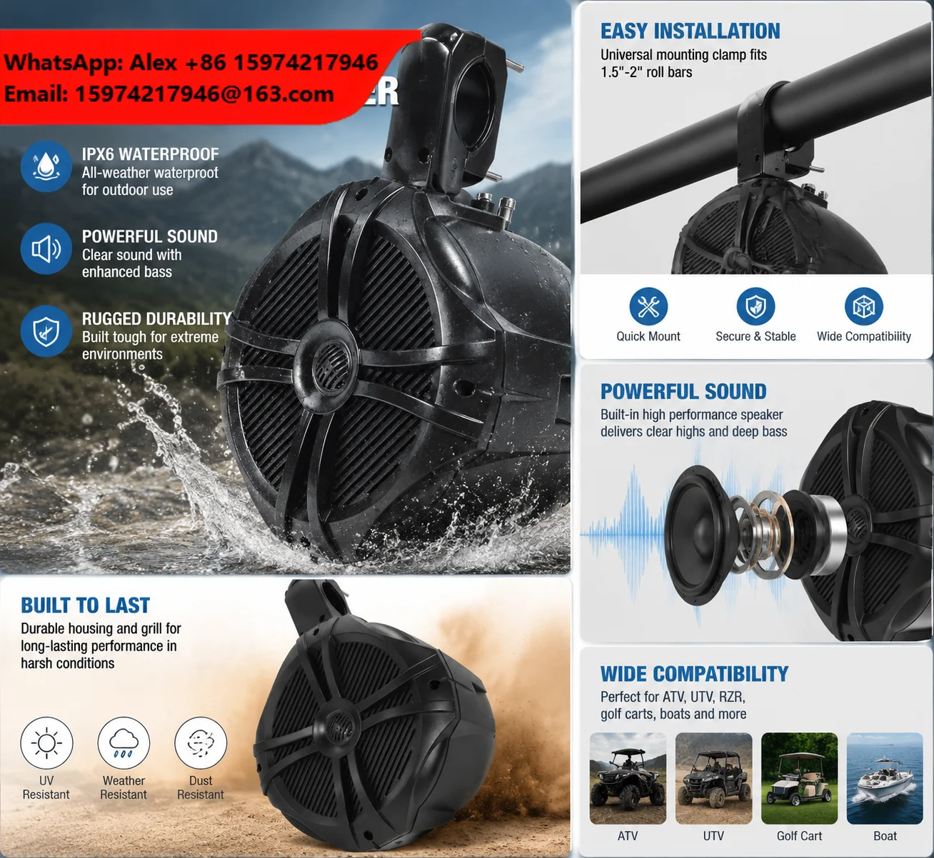 UTV Speaker Pair Marine Tower Speakers Waterproof Off Road Audio For ATV UTV Boat SxS