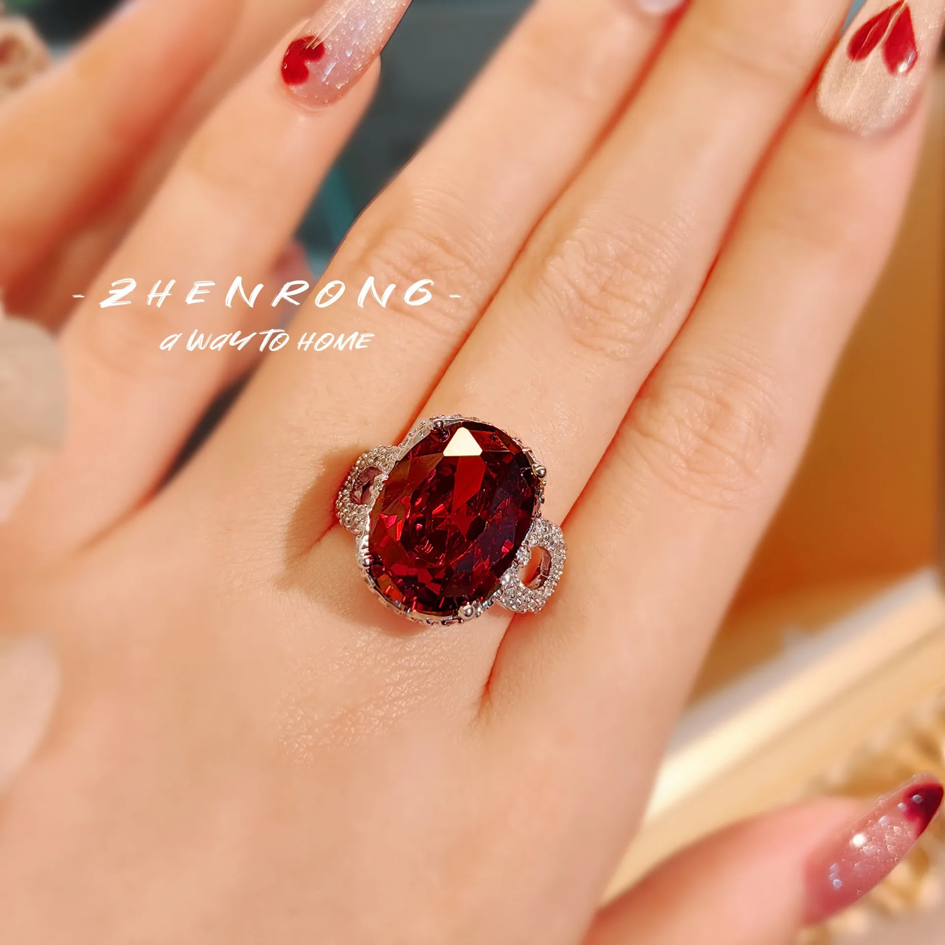 2024 New Fashion Silver Color Garnet Red/Fanta Orange Gemstone Rings Elegant Queen\'s Ring For Women Party Engagement Jewelry